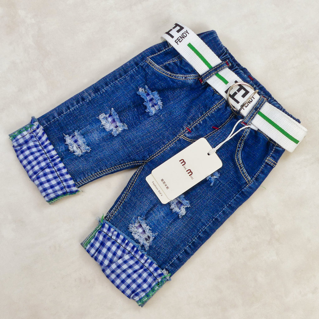 Pantacourt Jeans bleu avec Bordure a carreau Bleu