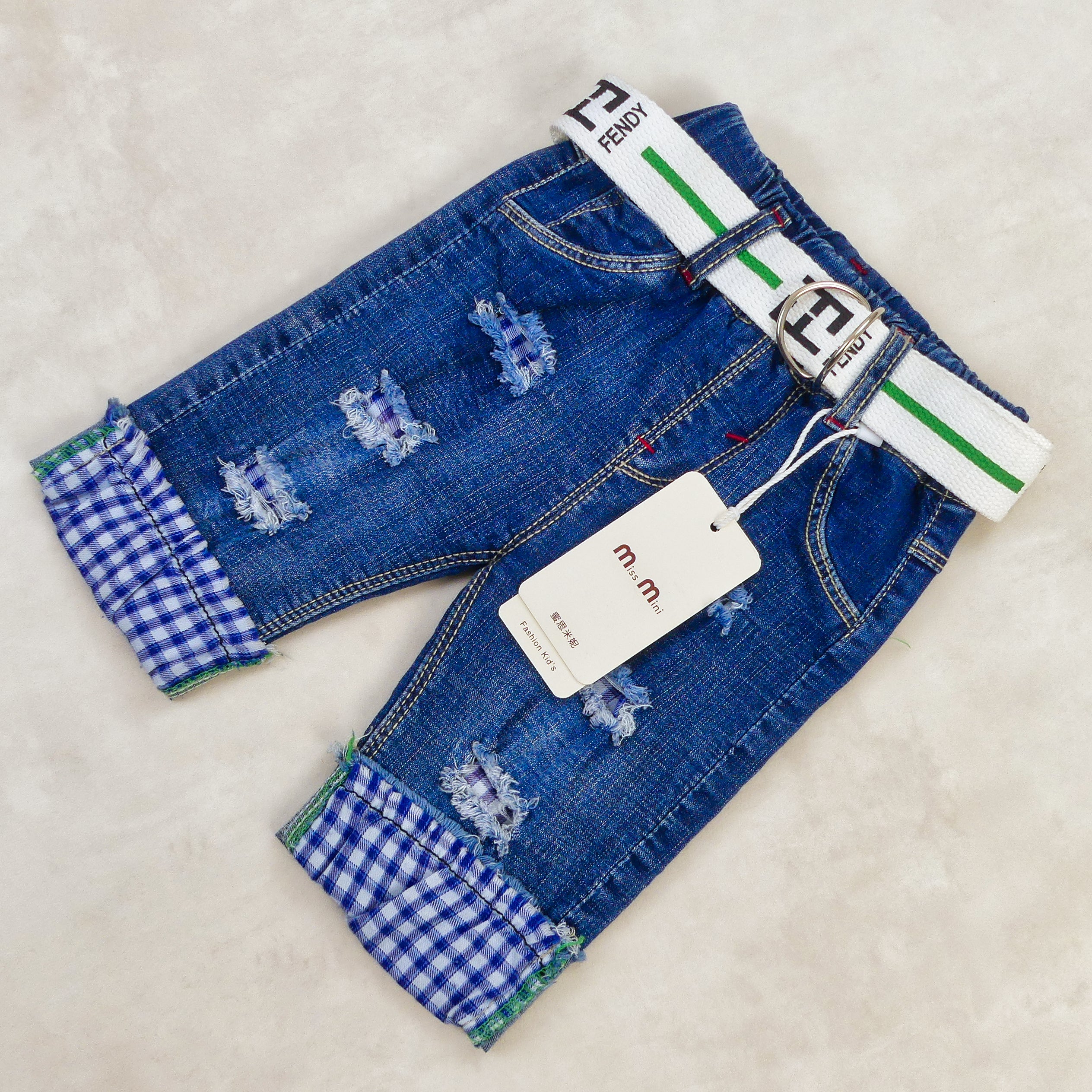 Pantacourt Jeans bleu avec Bordure a carreau Bleu