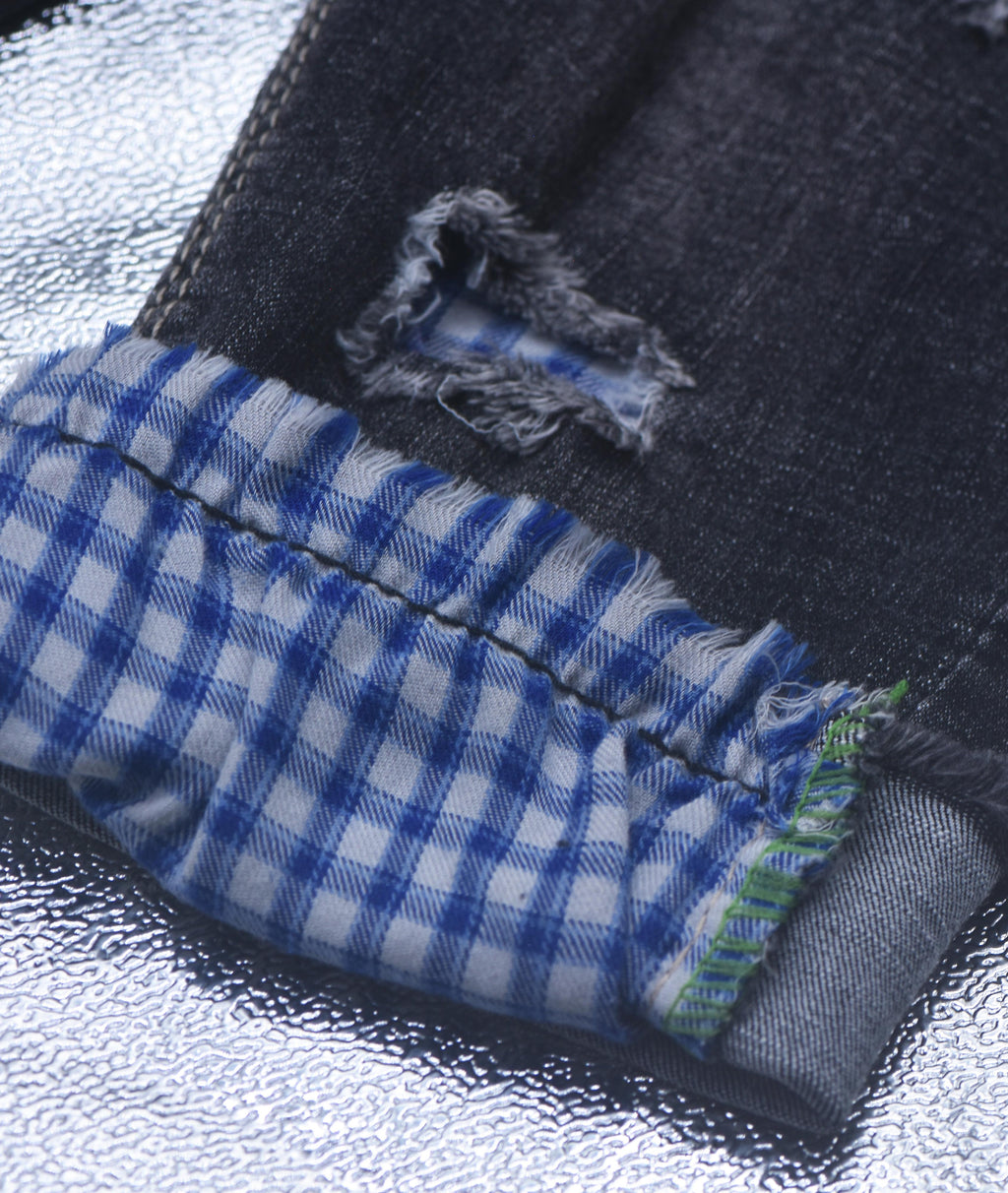Pantacourt Jeans noir  avec Bordure a carreau Bleu